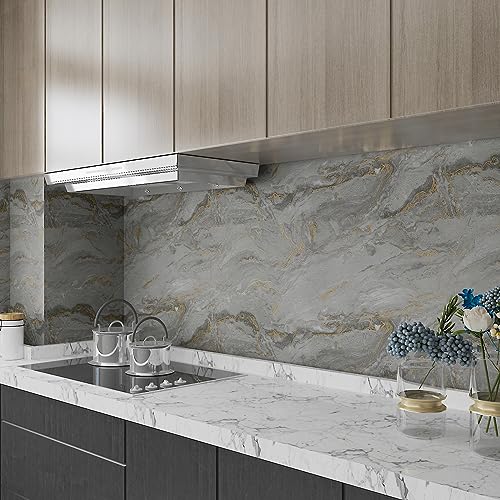 CHIHUT 12¡±x100¡± Gold Grey Matte Marble Contact Paper for Countertops Waterproof Peel and Stick Countertops Marble Wallpaper for Bathroom Self Adhesive Contact Paper for Kitchen Backsplash Cabinets