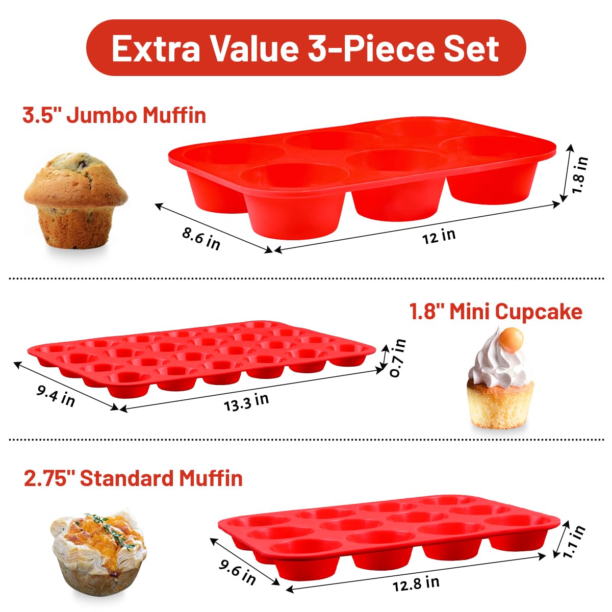 Silicone Muffin Pan Set - Mini 24 Cups, Regular 12 Cups Cupcake Pan, Jumbo 6 Cups Muffin Pan Silicone Bakeware for Baking Set of 3