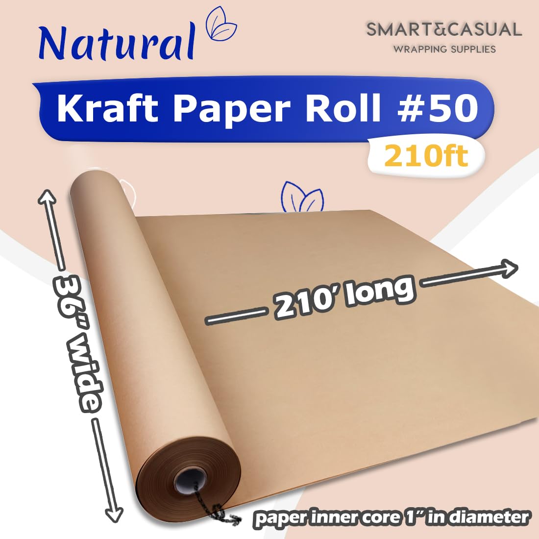 SMART&CASUAL 36" x 2,520" (210') Brown Kraft Craft Paper Roll for Gift Wrapping Bulletin Board Bouquet Flower Kids Art Packing Parcel Table Covering 70GSM 50LB (Brown, 36" x 210')