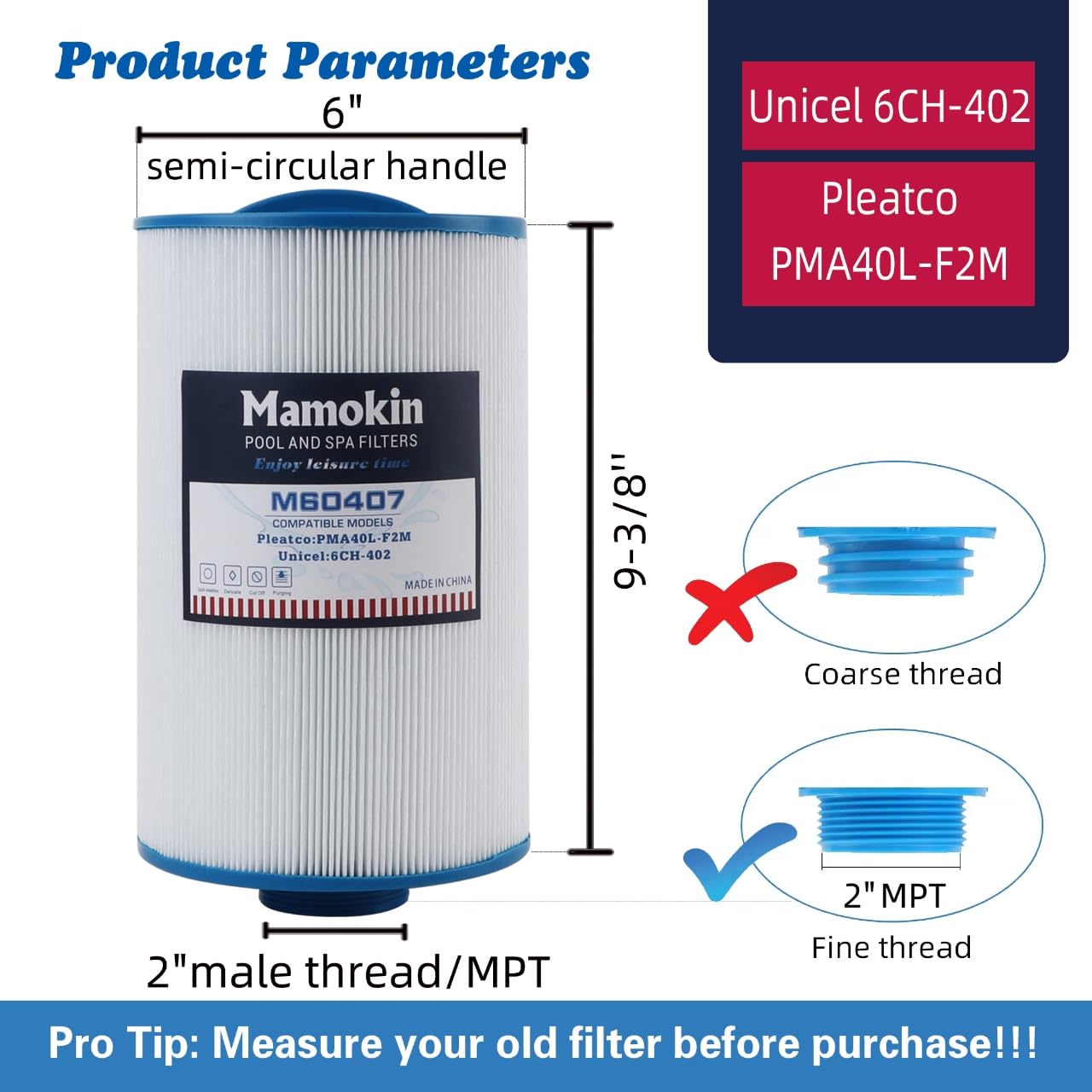 Mamokin Spa Filter 6CH-402 Replaces PMA40L-F2M, Master Spas Twilight X268365, X268543, X268511, X268514, Unicel 6CH-402, Filbur FC-0317, 2" Male Thread/MPT Hot Tub Filter 2PACK