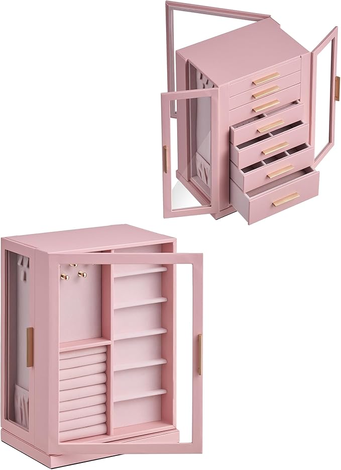 Glimmloop 360ð Rotating Jewelry Box with 7 Drawers, Spacious Vertical Jewelry Organizer with Glass Window, Jewelry Storage Case, Dustproof & Moisture-resistant Design, Pink