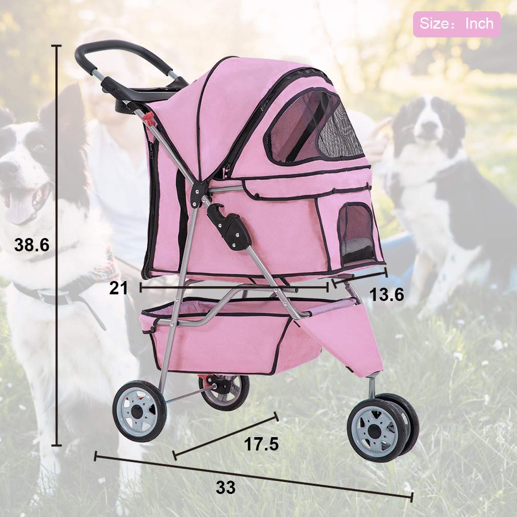 BestPet 3 Wheels Pet Dog Stroller Cat Cage for Medium Small Dogs Cats Travel Folding Carrier Waterproof Puppy Stroller with Cup Holder & Removable Liner,Pink