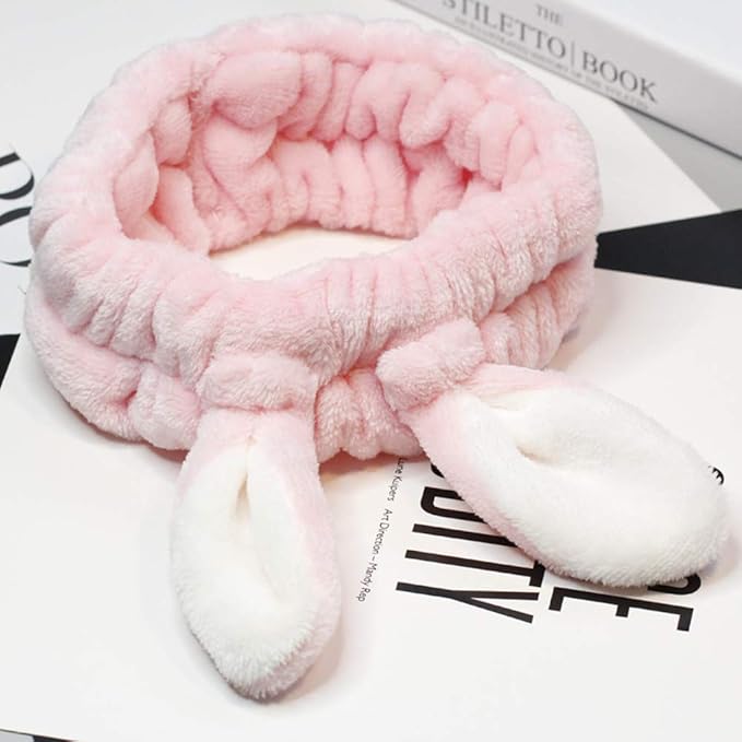 bouti1583 Women Fashion Soft Flannel Bunny Ear Makeup Cosmetic Shower Elastic Headband 2Pcs