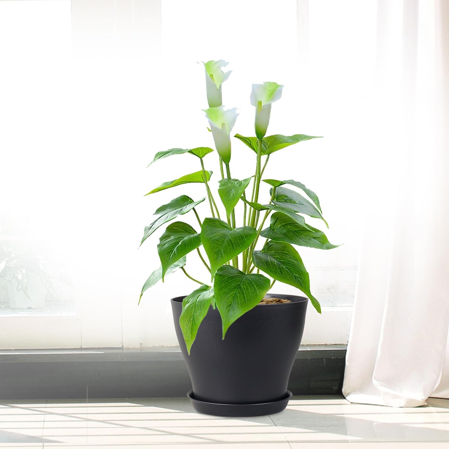 Meowell 6 inch Plastic Nursery Pots, 16 Pack Plant Pots for Small Indoor Outdoor Plants, Flower Pots with Drainage Holes and Saucers, Decorative Seedling Starter Planters for House Plants, Black