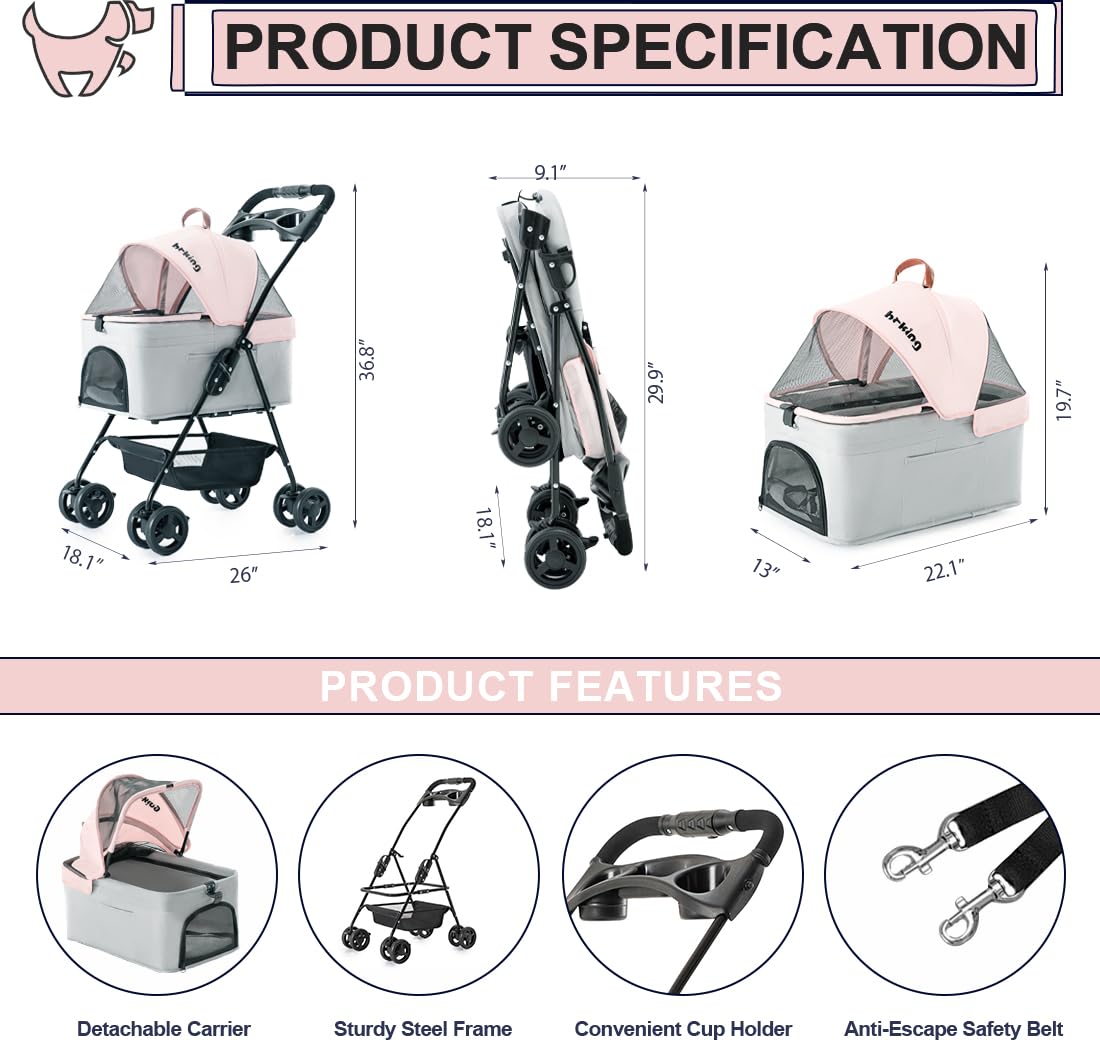 LPOTIUS 3-in-1 Pet Stroller for Small Dogs and Cats, Folding Lightweight Dog Stroller with Detachable Carrier Portable Cat Puppy Jogging Stroller with Cup Holder and Storage Basket, 4 Wheels