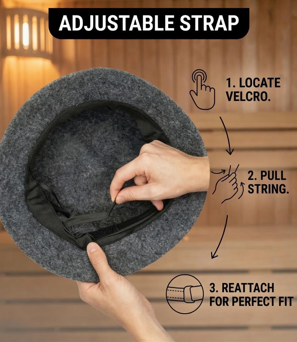 Adjustable Natural Wool Sauna Hat for Men and Women - Sauna Cap with Sweatband - Insulating Breathable Wool Banya Hat for Spa, Home Steam Room, Bathhouse - Comfortable Unisex Steam Room Hats