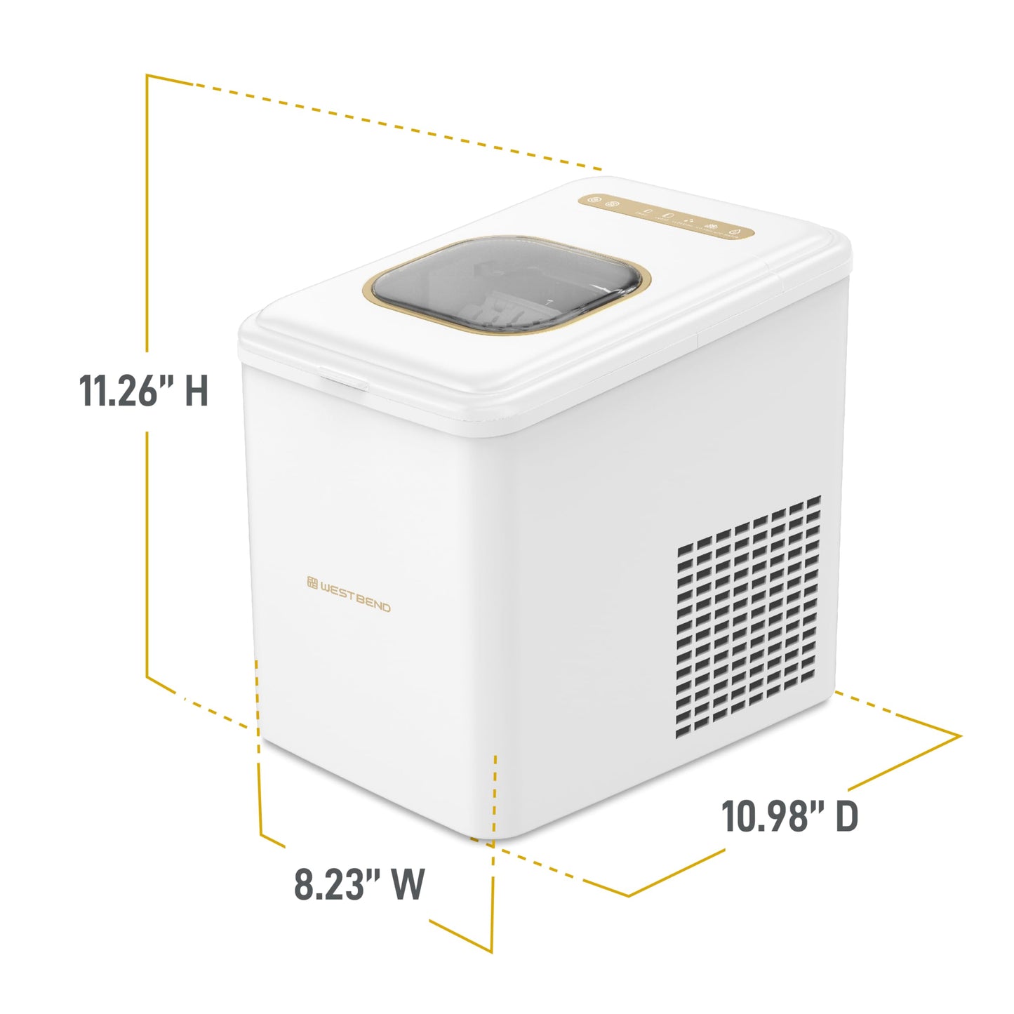 West Bend Timeless Ice Maker Mighty Ice Countertop Design Makes 26 Pounds of Bullet-Shaped Ice Cubes in 24 Hours, Digital Touch Controls and Self Cleaning Function, Includes Scoop, White/Gold