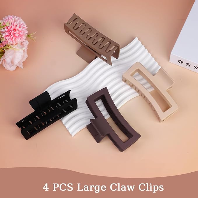 5 Inch XL Jumbo Claw Clips for Thick and Long Hair, 4-Pack Oversized Matte Rectangle Hair Clips for Women, Strong Hold Non-Slip Jaw Clips, Neutral Shades