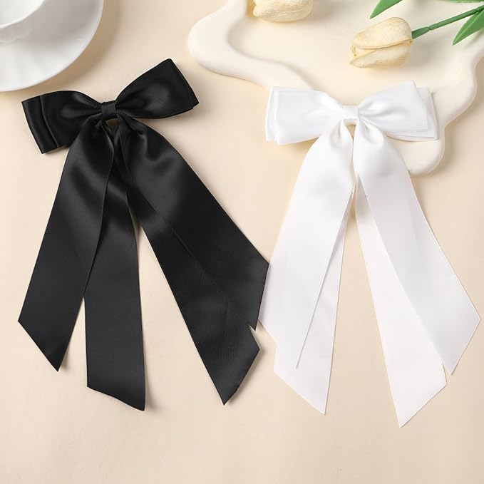 LuSeren 2 PCS Double Layer Hair Bows Black White Hair Ribbon Clips Ponytail Holder Accessories for Women Girls Toddlers Teens Kids