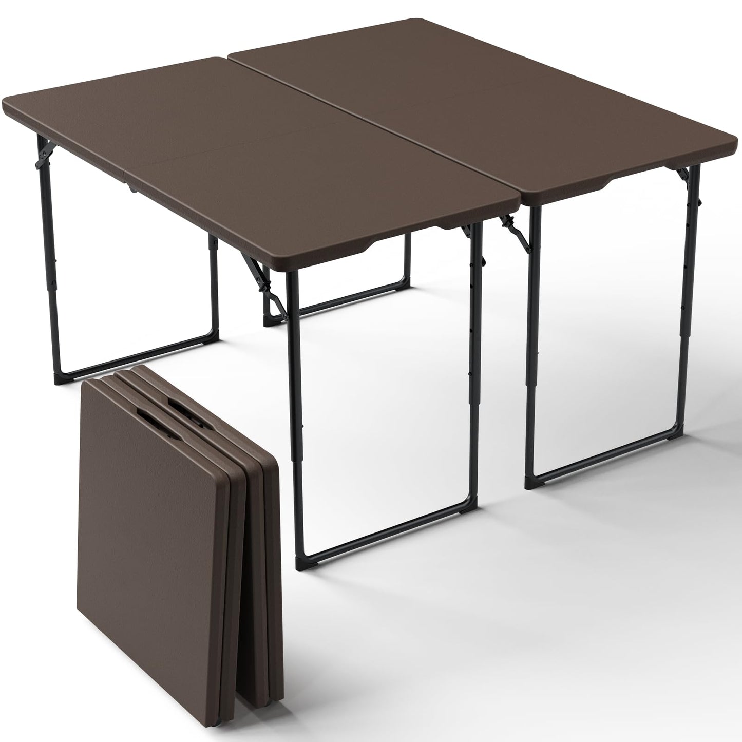 2 Pack Folding Table, 4FT Foldable Picnic Table with Adjustable Height, Heavy Duty Fold-in-Half Portable Table for Weddings, Camping, RV Travel, Parties, BBQs, Easy to Fold and Store, Brown
