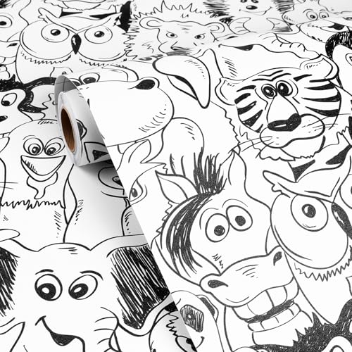 FunStick Black and White Wallpaper Peel and Stick Modern Animal Wall Paper Self Adhesive Vinyl Fun Lion Tiger Deer Dog Animal Contact Paper Removable Wallpaper for Kids Room Bedroom Walls 17.5"x118"