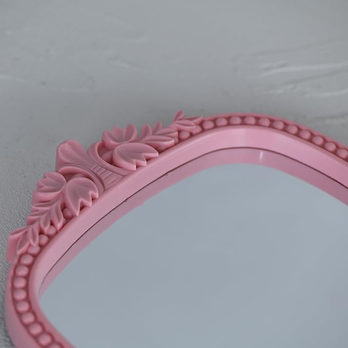 Pink Plastic Arched Makeup Mirror, Standing, Hanging or Wall Mount, Bathroom, Living Room, Bedroom White and Decorative Mirror (Pink-10.6 x 8.6 inch)