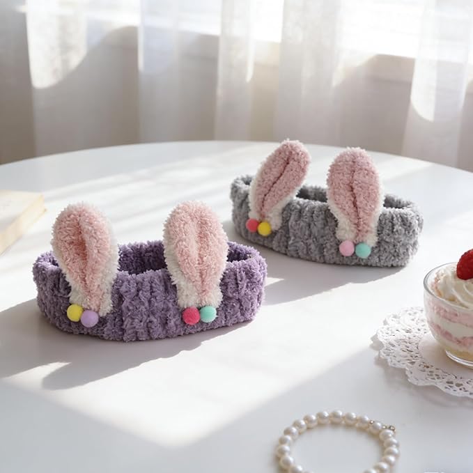 PERFECTSIGHT Kawaii Headband for Spa, Makeup, Washing Face, Party - 2 Pack Cute Hair Band for Shower Beauty Skincare, Soft Facial Headbands for Girls and Women (Purple+Gray Rabbit Ear)