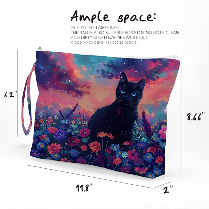 Fokongna Black Cat Print Wet Bag, Small Portable Waterproof Multi-Functional Organizer for Women, Ideal for Daily, Beach & Travel