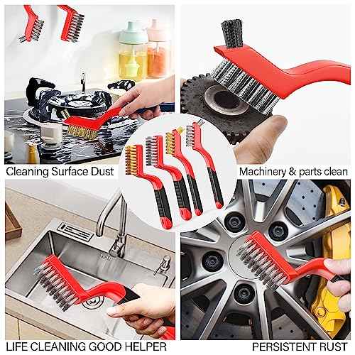 Wire Brush Set, 4-Piece - Nylon/Brass/Stainless Steel Wire Brush/Cleaning Towel with Curved Handle for Rust Removal, Stain Removal and Paint Brush Deep Cleaning - 7-Inch and 8-Inch (Red)