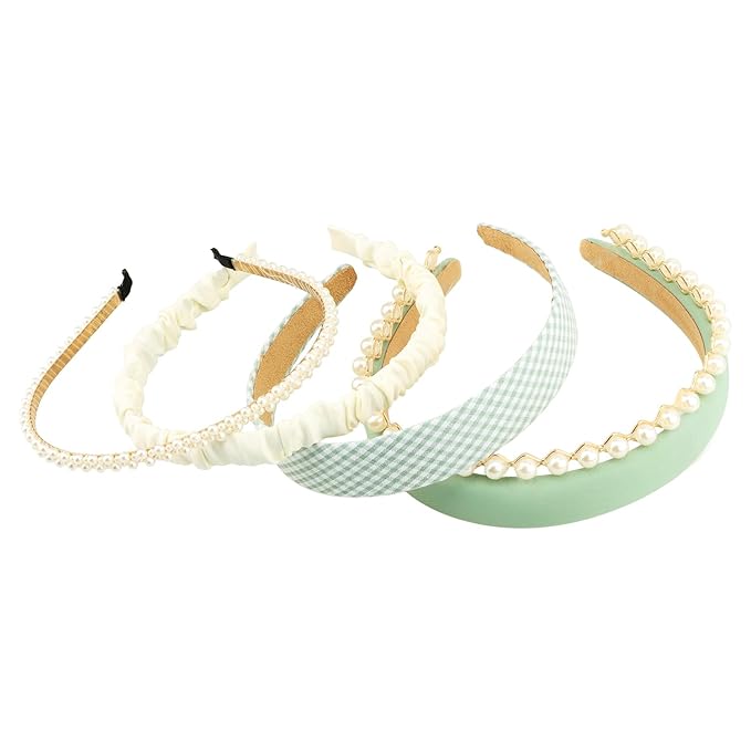 Fashion Headbands for Women Girls Headbands Set, 5pcs Pearl Headband Floral Head bands Padded Headbands for Women Vintage Wide Headband (Green)