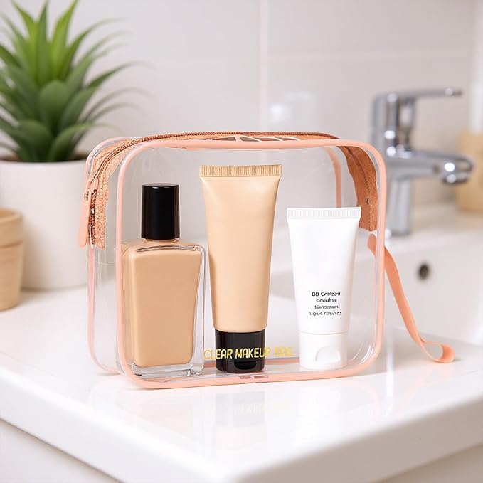 Clear Makeup Bag,2 Pack TSA Approved Toiletry Bag Travel Toiletry Bag Hanging Makeup Cosmetic bag for Women Men (Rose gold)