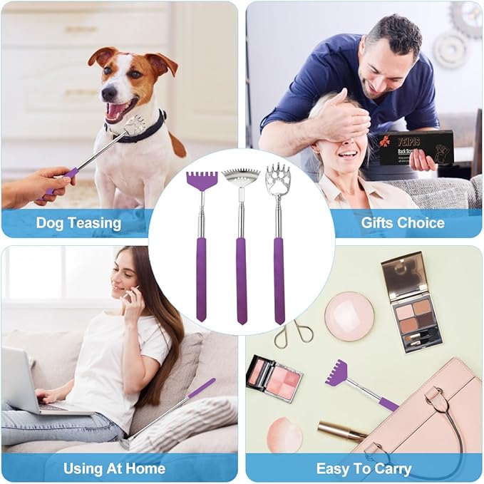 3 Pack Different Back Scratcher Metal Portable Telescoping Back scratchers with Rubber Handles, Extendable Back Massager Tool with Beautiful Box Stocking Stuffers for Men Women(Purple)