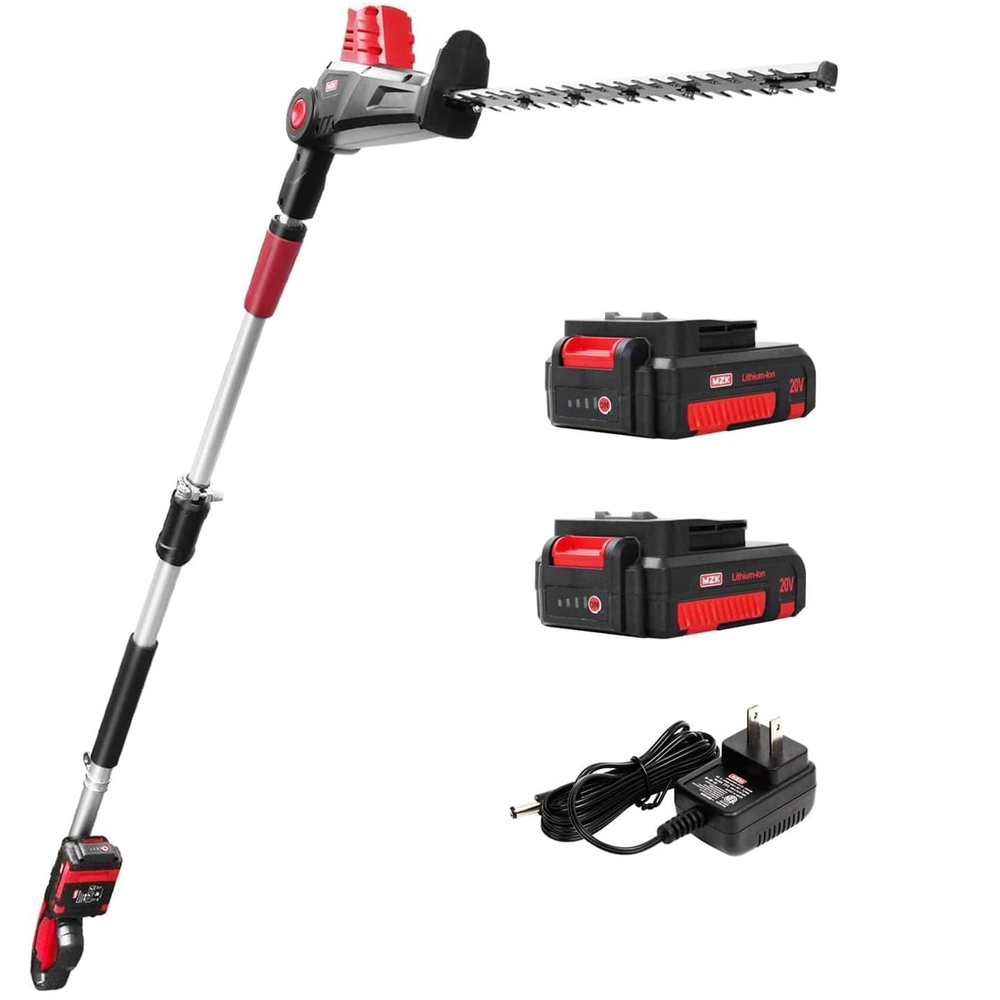 MZK 20V MAX 23-inch Cordless Pole Hedge Trimmer Attachment, 8-Feet Reach, Electric Hedge Trimmer with Extension Pole, Multi-Angle (Two Batteries and Charger Included)(RED Black)
