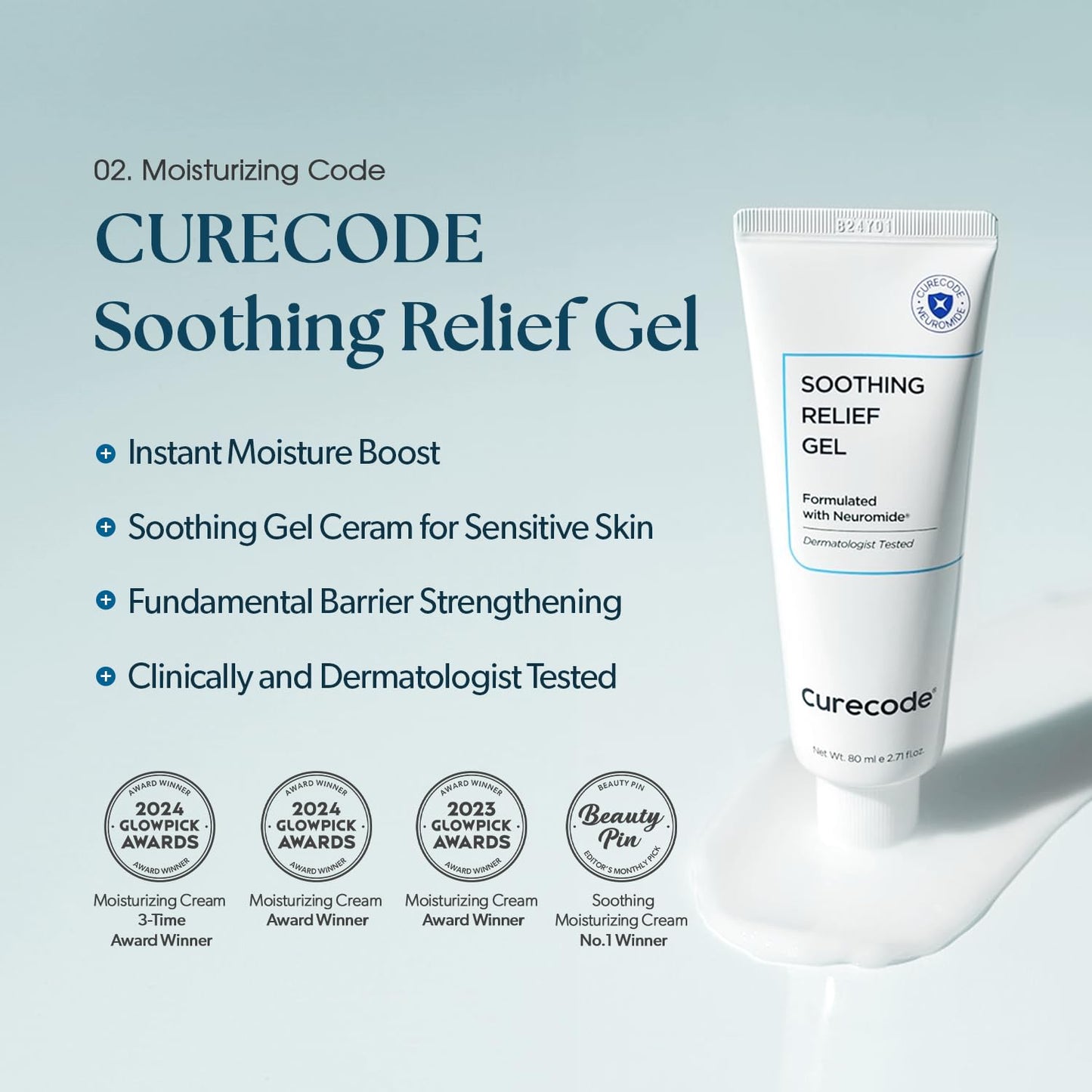 CURECODE Soothing Relief Gel Moisturizer 80ml (2.71 Fl Oz) Korean Skin-Biome Science with Neuromide, Ceramides for Calming, Hydration with Skin Barrier, Pore Refinement, and Gentle for All Ages