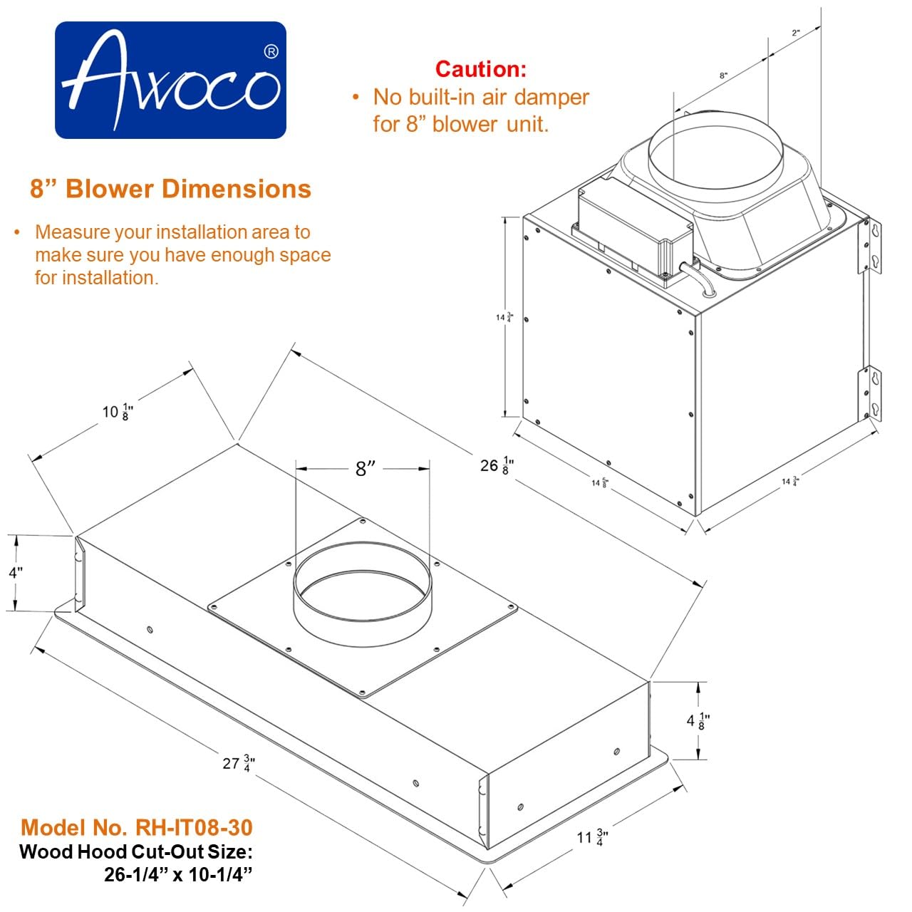 Awoco RH-IT08 11-3/4"D Super Quiet Split Insert Stainless Steel Range Hood, 4 Speeds with a 8” Blower Unit, 1000CFM, Mesh Filters, LED Lights (30”W 8” Vent)