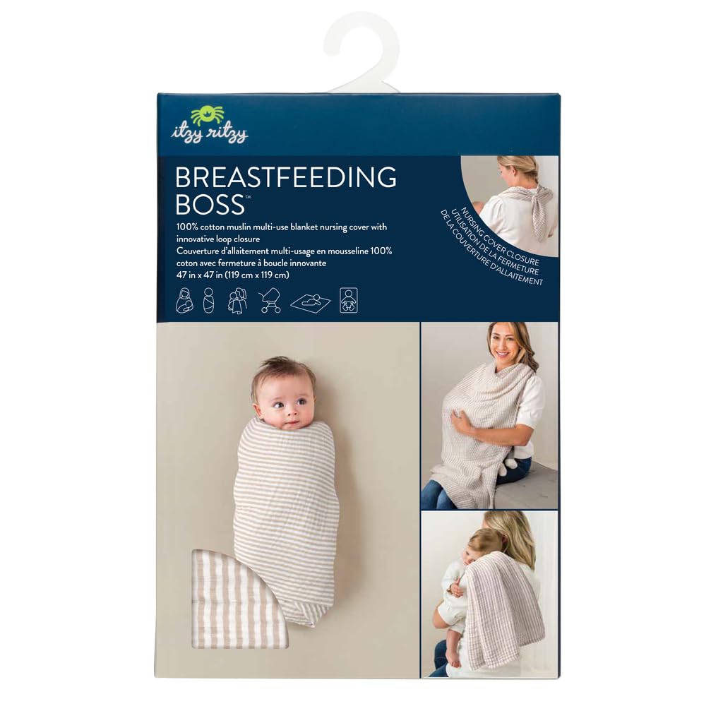 Itzy Ritzy Breastfeeding Boss Multi-Use Cover – A Nursing Cover, Swaddle, Car Seat Wrap, Tummy Time Mat & Burp Cloth All in One – Made of Soft Muslin Fabric & Measures 47” x 47” (Taupe Stripe)