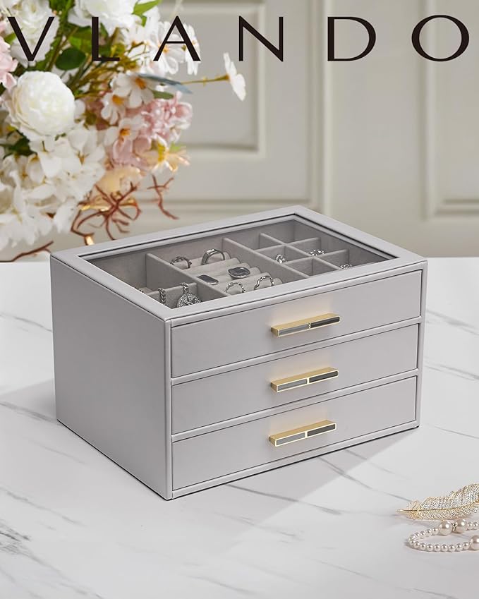 VLANDO Jewelry Box for Women,Jewelry Box&Organzier,3-Layer Jewelry Holder Organzier,Glass Lid Jewelry Storage for Gem Diamond Necklaces Rings Earrings Bracelets Grey