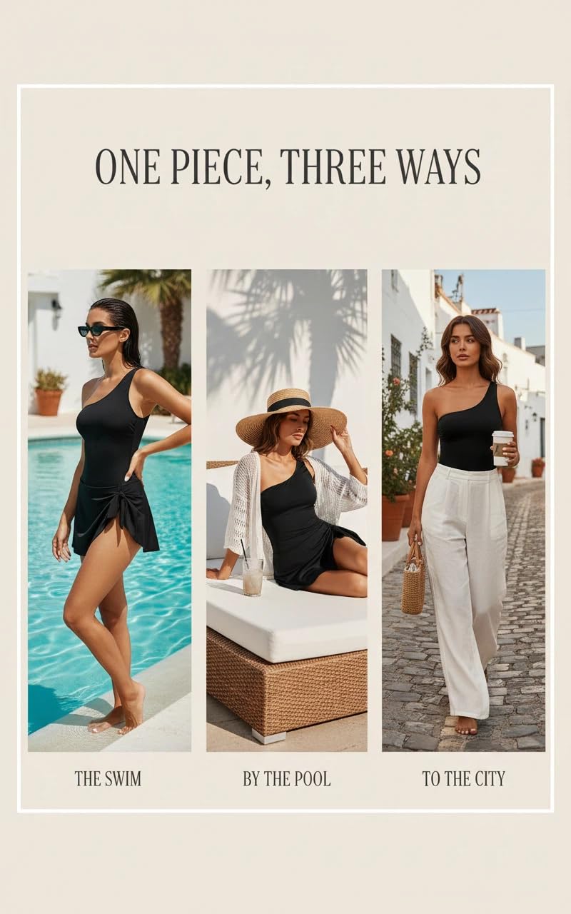 Tempt Me Women Black One Piece Swim Dress One Shoulder Swimsuit with Skirt Tummy Control Swimdress Bathing Suit XL