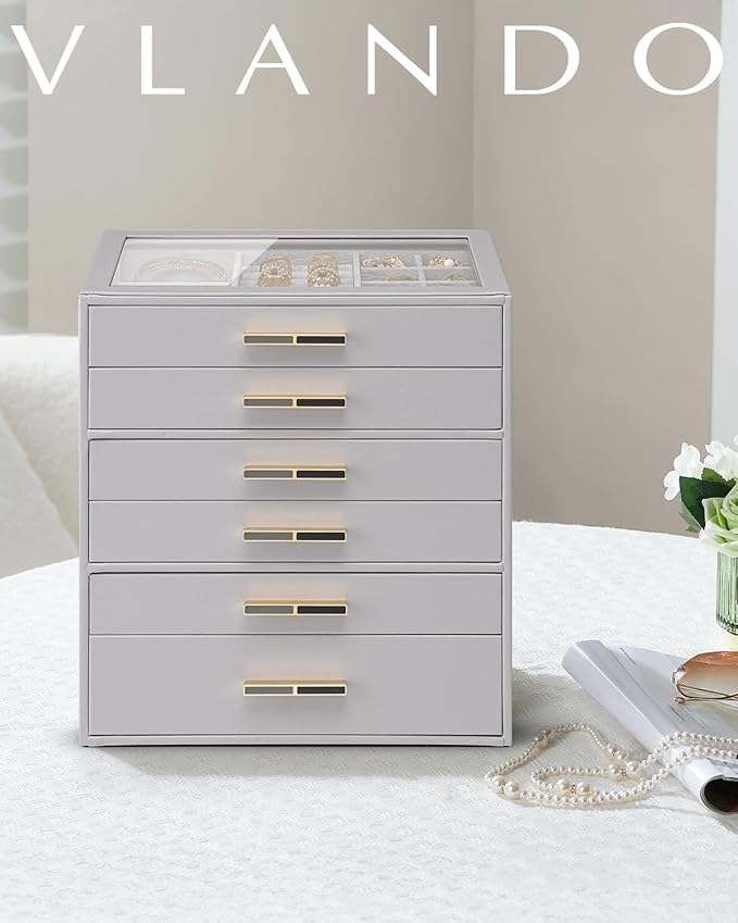 Vlando 6 Layer Jewelry Box for Women, Glass Lid Jewelry Organizer with 6 Drawers for Necklaces Rings Earrings Bracelets - Grey