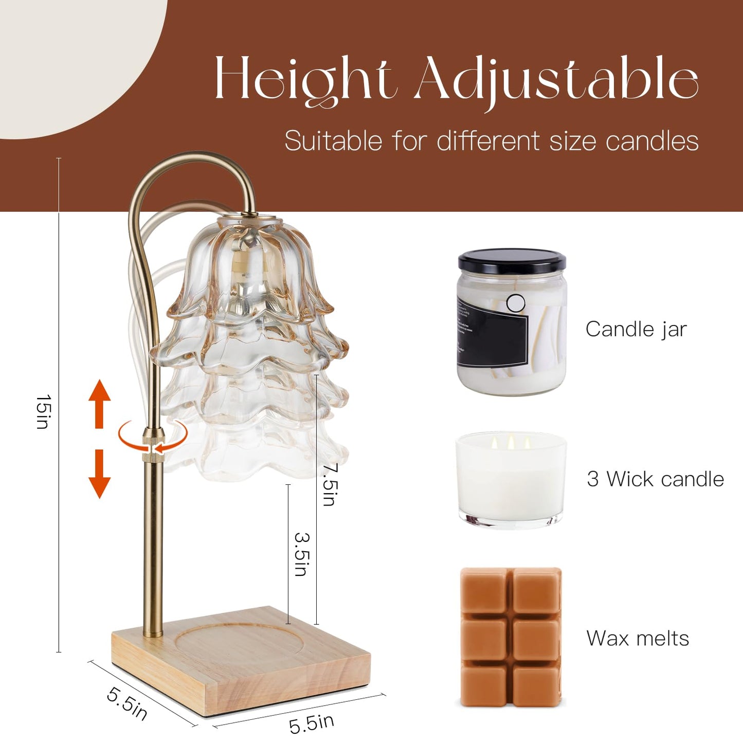 Candeldo Candle Warmer Lamp with Timer: Flower Gold Candle Lamps Height Adjustable Wax Melt Home Decor House Warming Christmas Gift Mom Gift for Women