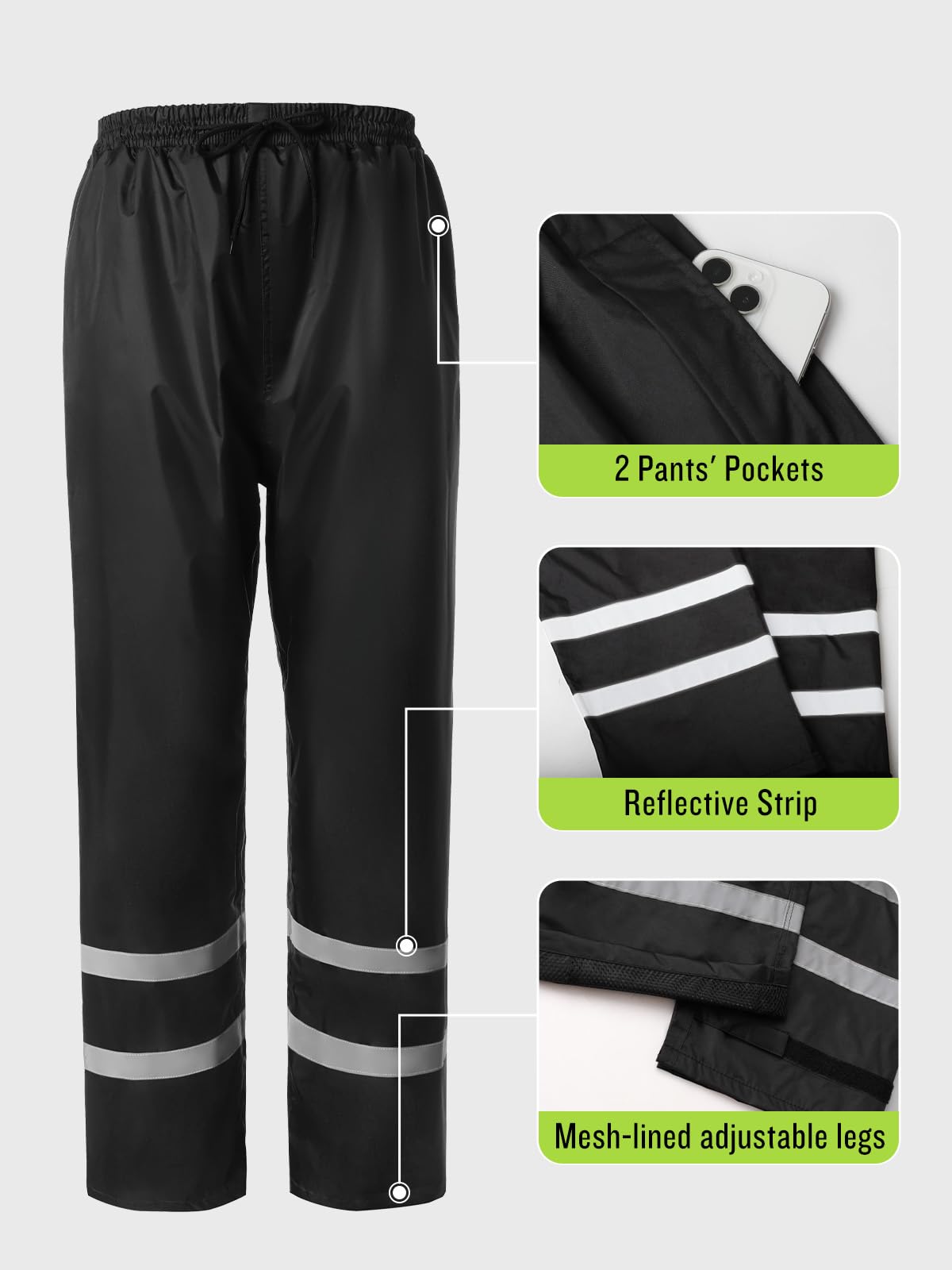 SaphiRose Men's Rain Suit High Visibility Reflective Work Rain Jacket Pants for All Sport Farm Fishing Motorcycle (Black/Green,XX-Large)