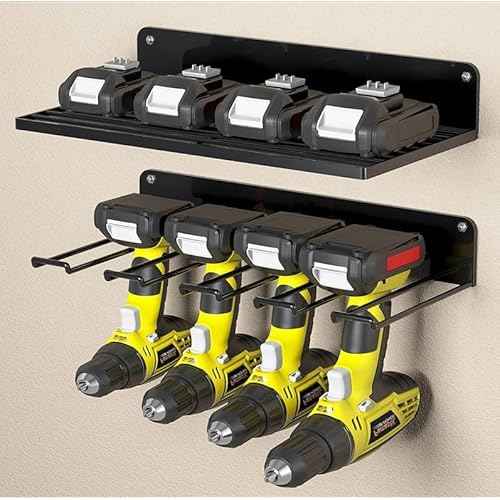2-Tier Power Tool Organizer, Storage Rack Wall Mount Drill Holder for 4 Power Drill Tools, Space Saving, Utility Storage Rack for Garage, Workshop, Tool Library Etc