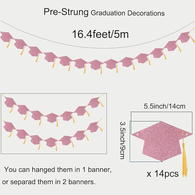 Graduation Decoration Banners 2026 Rose Gold Glitter Graduation Hats with Tassel Banners Garlands Class of 2026 Graduations Party Banners for College High School Graduations Party Decorations