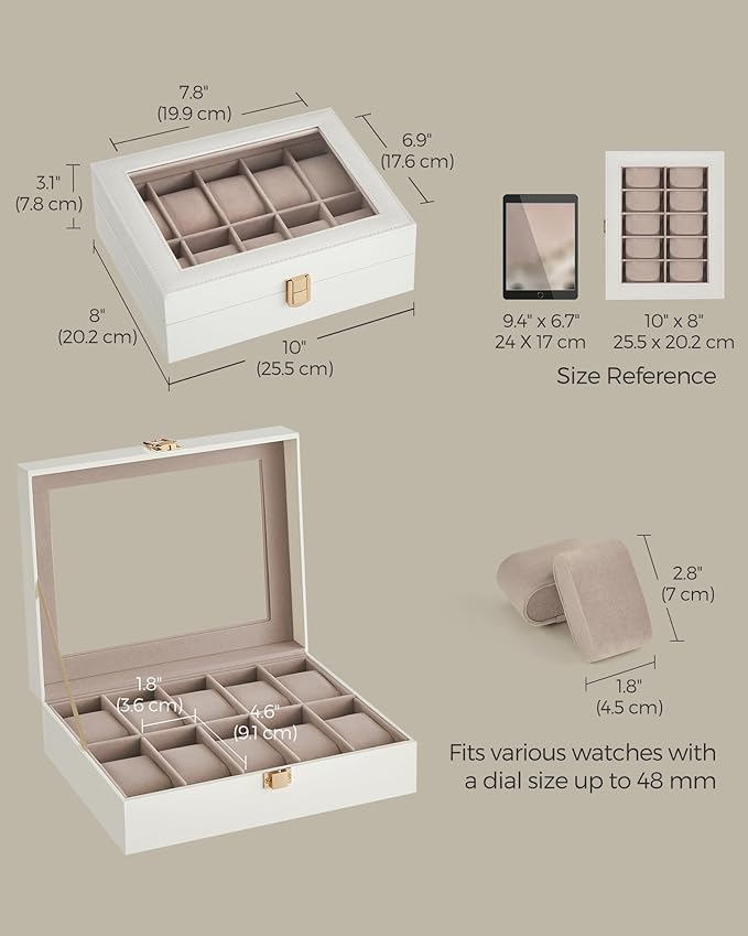 SONGMICS Watch Box, 10-Slot Watch Case Organizer with Large Glass Lid, Removable Pillows, Gift for Loved Ones, Cloud White Synthetic Leather, Cappuccino Beige Lining UJWB010W01