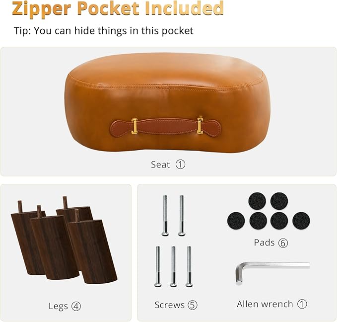 LUE BONA Small Curved Foot Stool with Handle, Whisky Brown Velvet Footstool and Ottomans, Modern Foot Rest with Wooden Legs, Step Stool with Padded Seat for Couch, Living Room