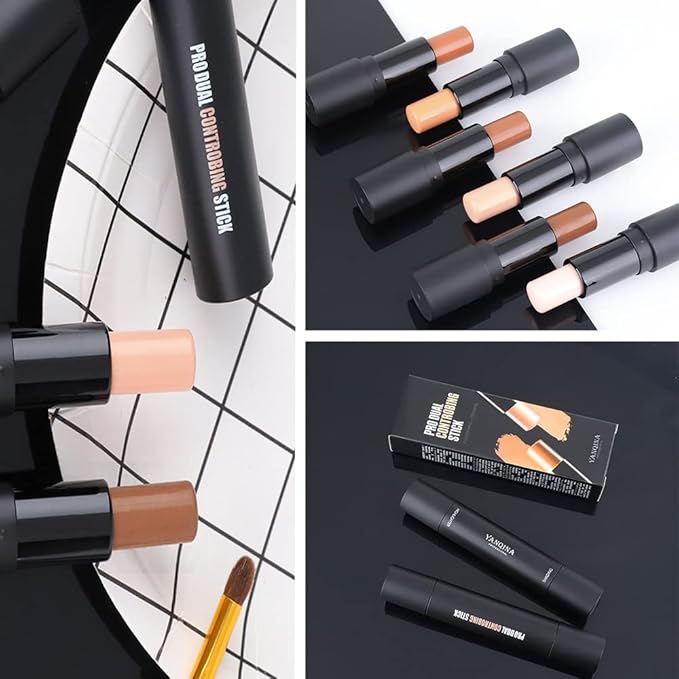 2 Colors Cream Contour Sticks Makeup Kit, Primer Face Highlighter Contouring for Beginners, Highlight and Contour Kit, Cream Concealer Makeup Blur Stick, Primer Face Corrector 1#