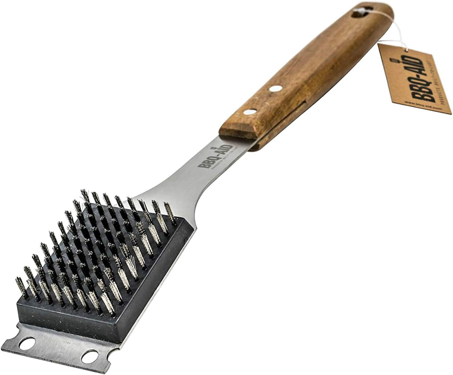 BBQ-Aid Grill Brush and Scraper for Barbecue â Grill Brush for Outdoor Grill with Extended, Large Wooden Handle and Replaceable Stainless Steel Bristles Head âNo Scratch- BBQ Grill Brush for Any Grill