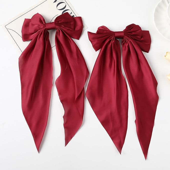 2PCS Big Hair Bow Clips for Women Girls â Red Satin Ribbon Bow Barrettes with Long Tails, Large Hair Accessories for Ponytail, Holiday, Party & Date Night