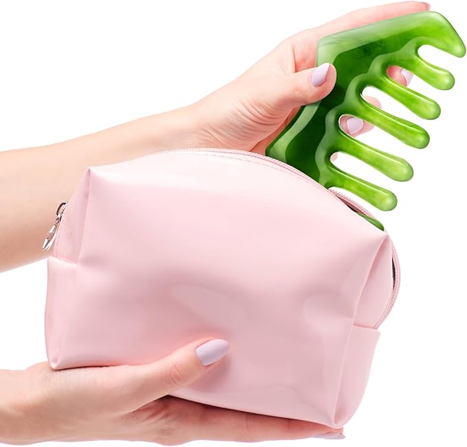 Geiserailie 2 Pcs Jade Combs Esthetician Supplies Massage Stone Hair Gua Sha Scraping Scalp Comb Facial Massage Tool Handheld Head Tools Head Caring Therapy Valentines for Women(Dark Green Style)