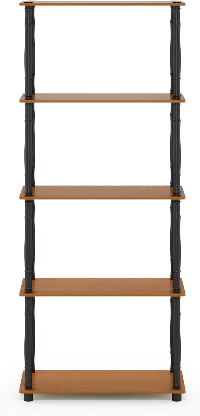 Furinno TURN-S-TUBE Storage Shelves, 5-Tier Book Shelf, Corner Shelf, Toolless Open Shelves, Classic Tubes, for Organization and Storage, Living Room, Garage, Home Office, Light Cherry