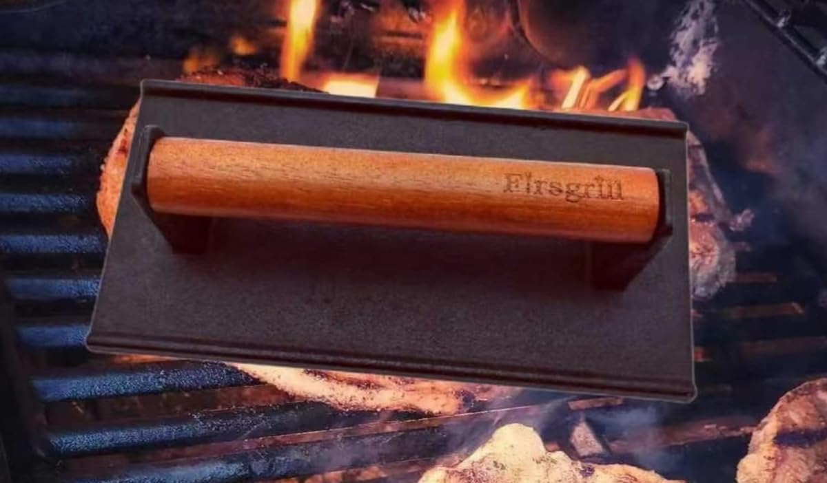 Firsgrill Burger Press 7.08" Round & 8.3âX4.3âRectangle Heavy-Duty Cast Iron Smash Meat Steak with Wood Handle for Blackstone Camp Chef Pitboss Weber Treager Griddle (Round & Rectangle w Flat Bottom)