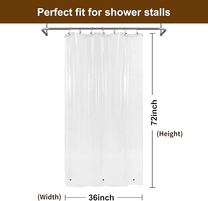 Barossa Design Small Shower Curtain for Shower Stall Size 36 x 72 inches,PEVA - Waterproof, Eco-Friendly, Non-Toxic, Odorless, PVC Free, Metal Grommets (Clear)