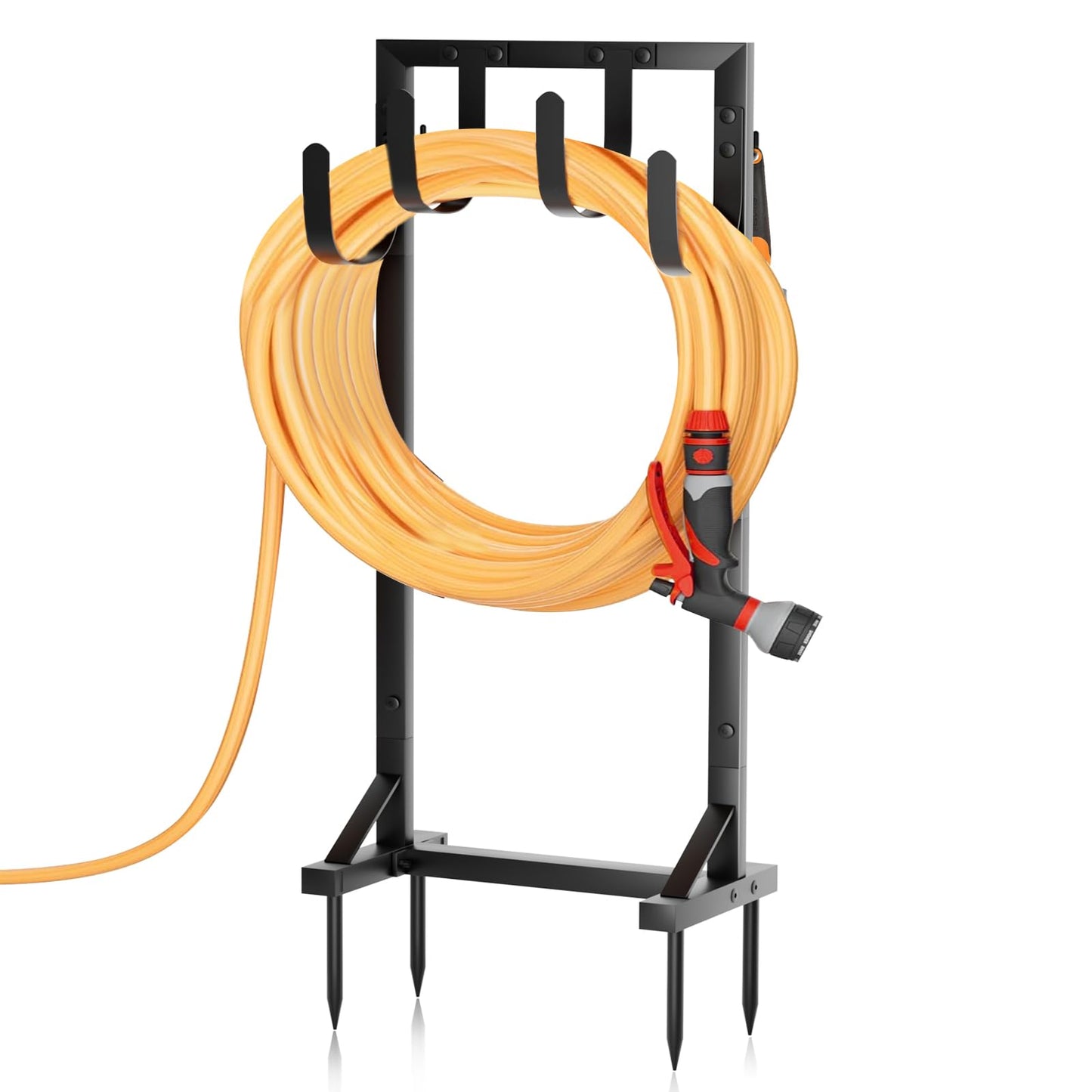 GAVISCITY Heavy-Duty Garden Hose Holder with Stable Base and Tool Hooks, Freestanding Metal Hose Hanger Garden Hose Storage Holds 151Ft Hose, Rustproof Water Hose Holder for Outside Yard Lawn, Black