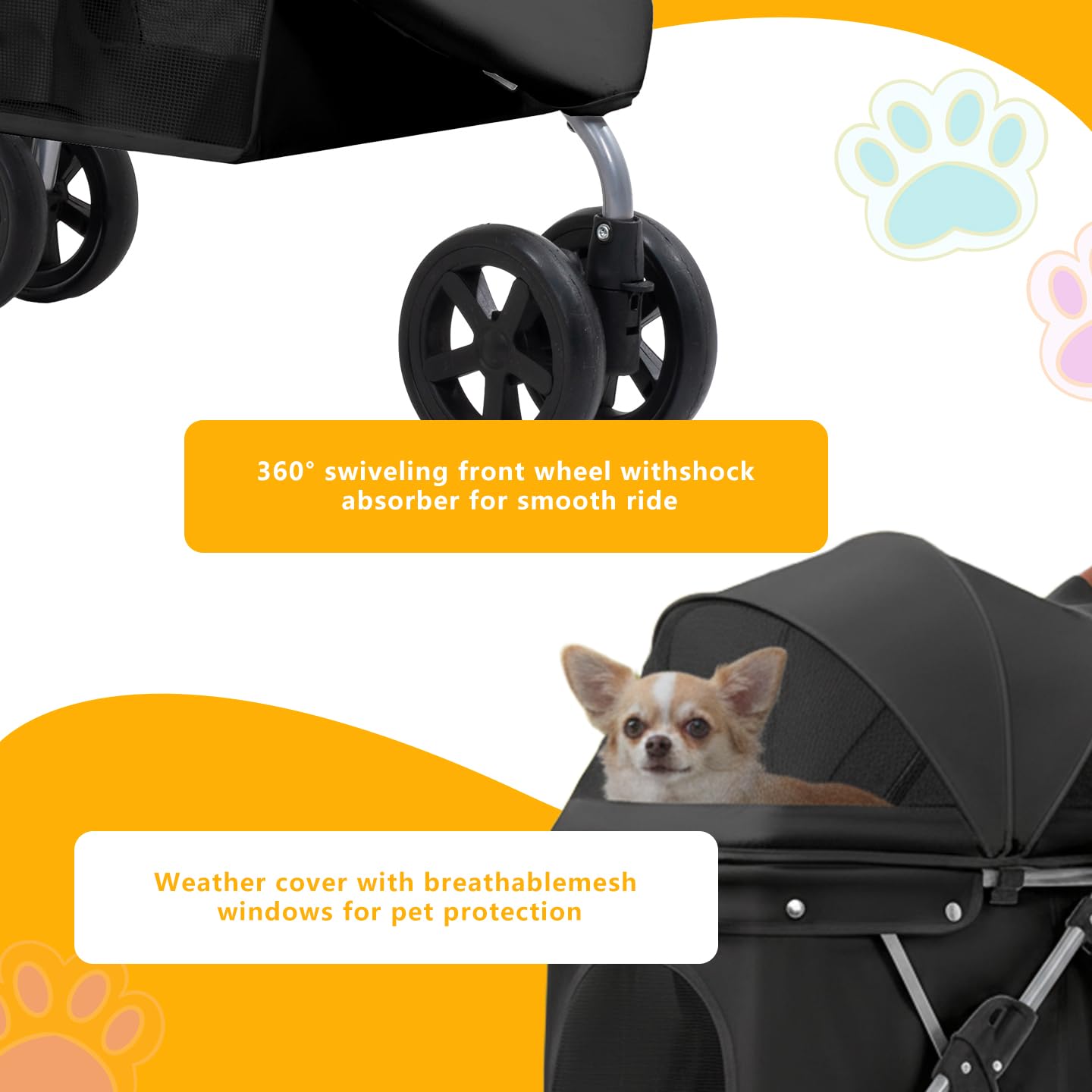 Pet Stroller for Small/Medium Dogs and Cats, Foldable 3 Wheel Jogger with One-Click Fold, Breathable Mesh, Storage Basket, Cup Holder, Weather Cover, Black (Black)