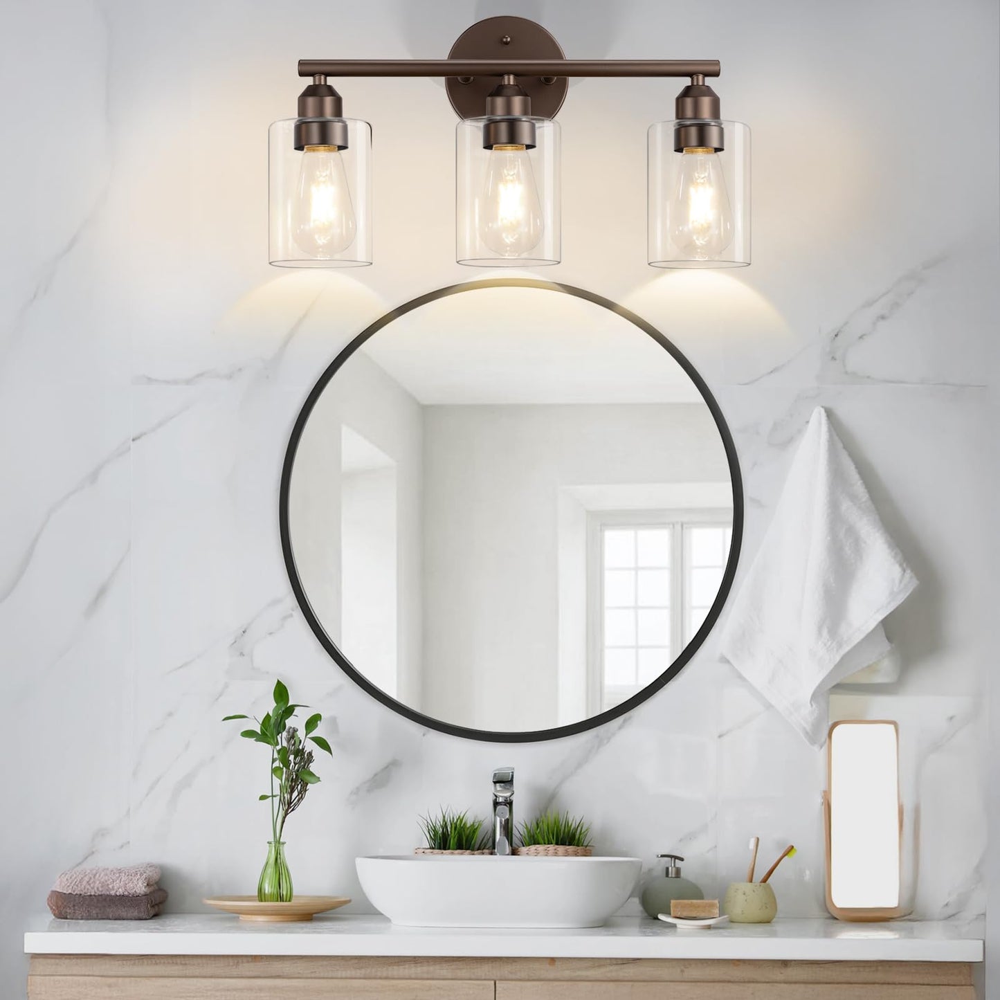 Percantis 3-Light Bathroom Vanity Light Fixture, Modern Wall Lamp for Mirror with Clear Glass Shade (D-Clear Glass & Brown)