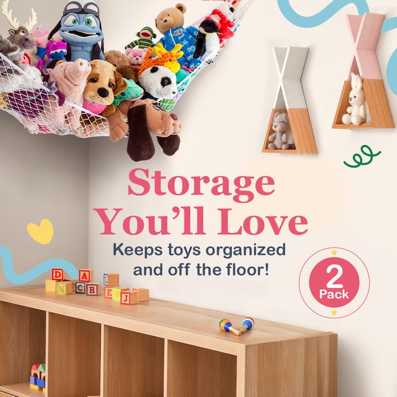 Lilly's Love Stuffed Animal Hammock | Corner Hanging Organizer, Toy Storage, Stuffed Animal Storage Net | Made from Quality Fishing Net, Holds 12lbs | 67"x47"x47" (Pink, 2 Pack)