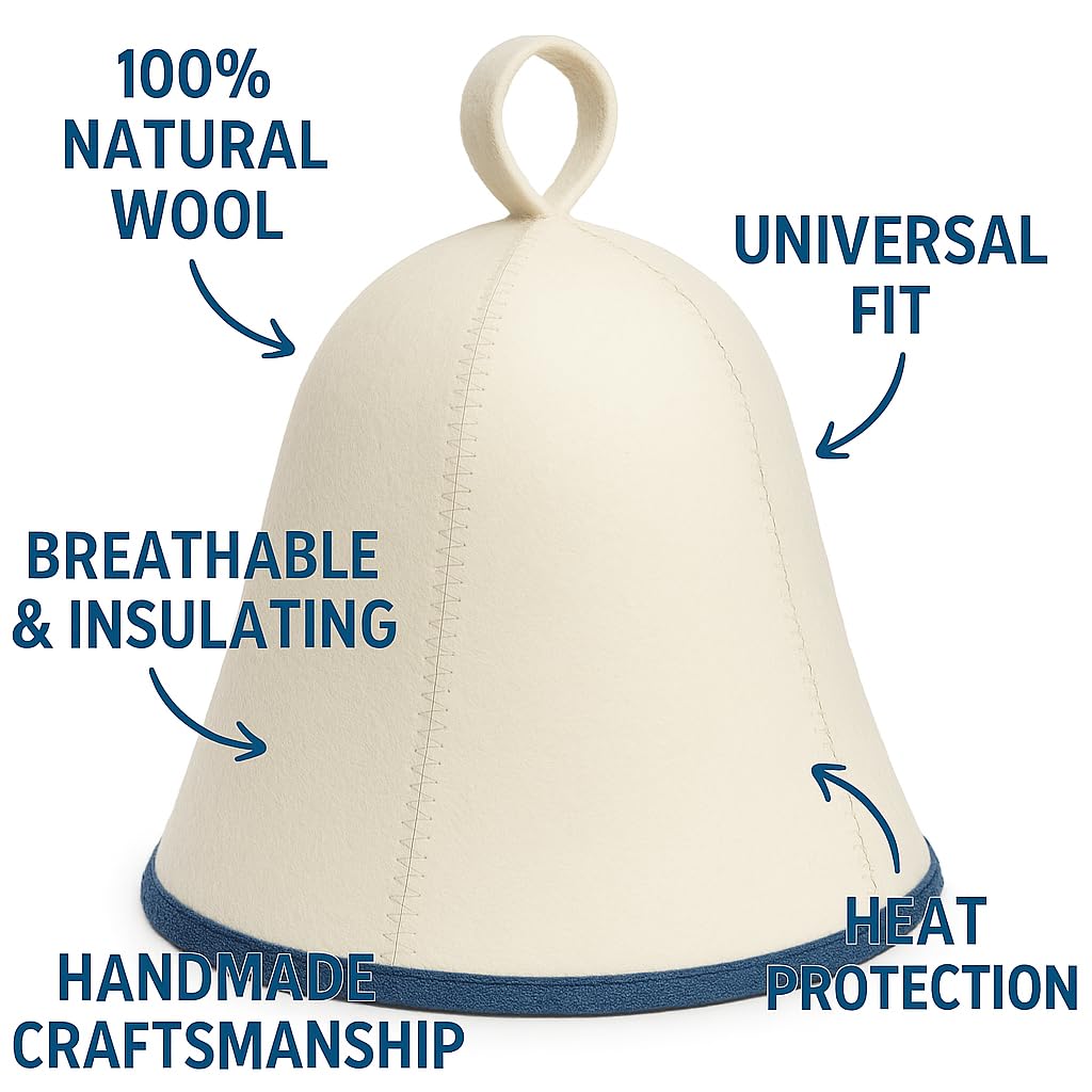 Premium Sauna Hat – 100% Natural Wool, Handmade Sauna Headwear for Men and Women – Eco-Friendly, Breathable, Insulating Hat for Sauna, Steam Room, Banya, and Bathhouse – One Size Fits All, White-Blue