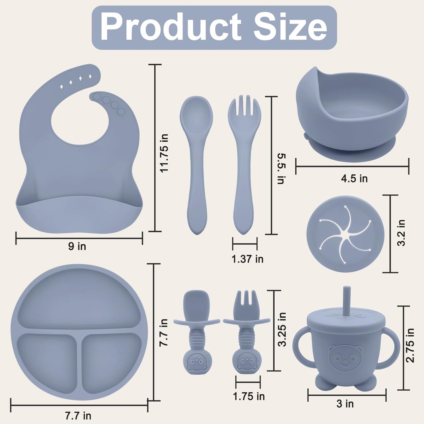 Munlinder Silicone Baby Feeding Set | Baby Led Weaning Supplies Includes Suction Bowls and Divided Plates, Adjustable Bib, Baby Utensils Spoons and Forks,Cup | Baby Feeding Essentials (Blue Gray)