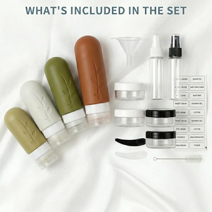 Travel Bottles Kit (16 Pack) - TSA Approved, Leak Proof Silicone Squeezable Containers for Toiletries. Complete Set with Jars, Sprayers & Bag (Earthy brown)