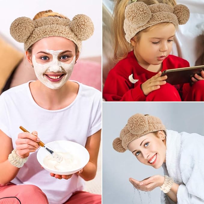 AHONEY Spa Bear Ears Headband, Face Wash Wristband Set, Cute Makeup Skincare Headbands Wrist Bands for Washing Face Elastic Fluffy Headband for Women Girls Cosmetic (Khaki)